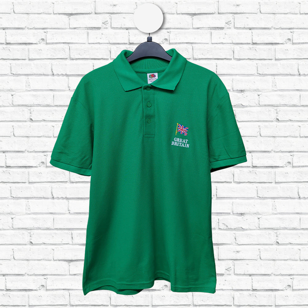 Great Britain Union Flag Embroidered Size Medium Kelly Green Polo Shirt